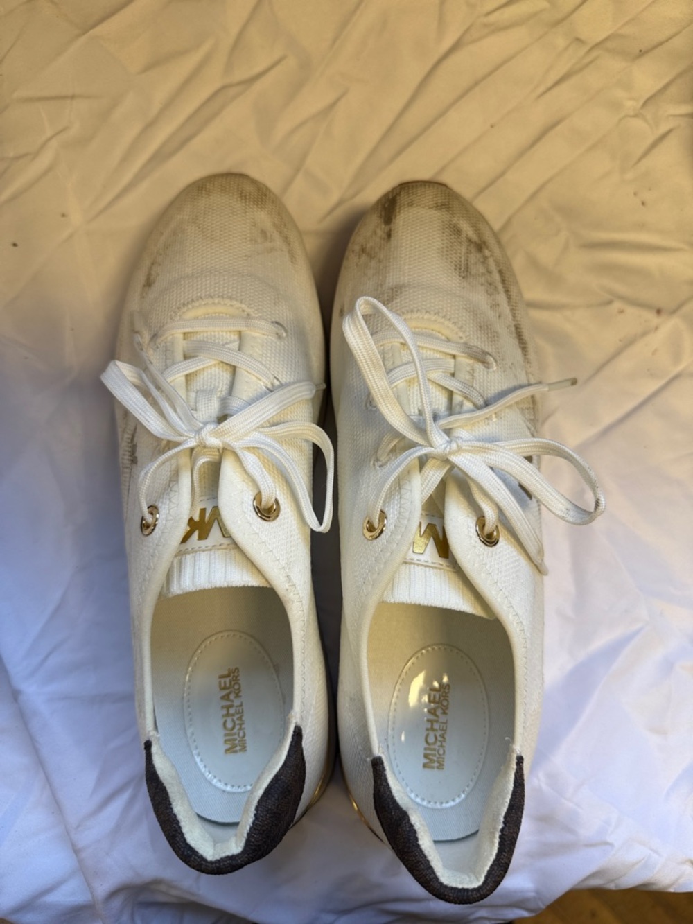 Michael Kors White Knit Lace-Up Sneakers with Gold Accents